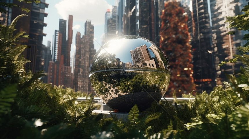 在植物丛中的一颗超亮的金属球城市雕塑图片