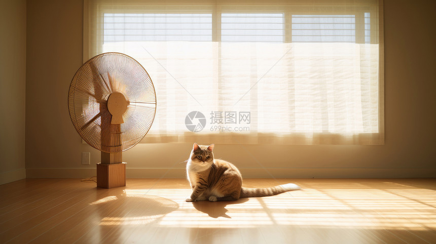 日系风室内一只花猫在吹电风扇图片