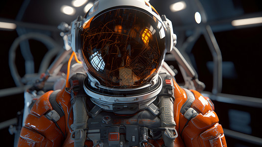 银色金属质感科幻金属质感站在太空舱穿宇航服的人插画