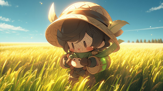 站在田地里抱着宠物戴着草帽的卡通人物背景图片