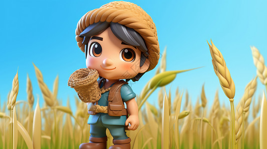 背着竹篓农民站在田地里背着竹筐戴着帽子的卡通立体小男孩插画