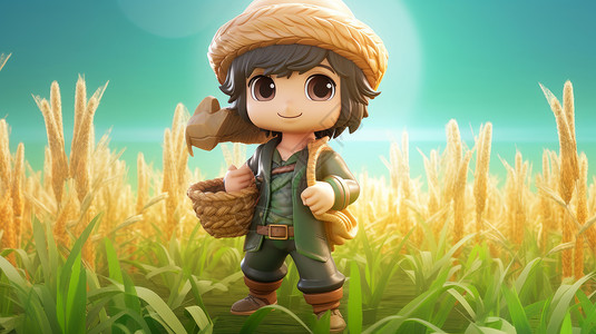 大麦子拿着农具站在麦子地里的大眼睛立体卡通小男孩插画