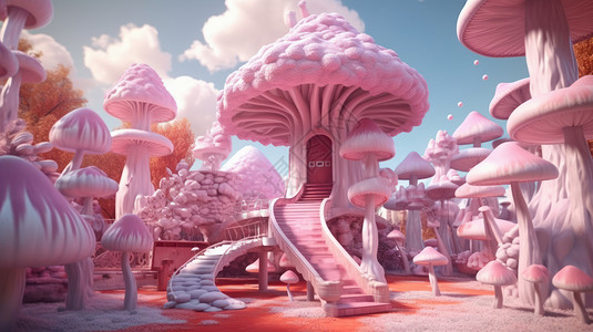 粉色带的梦幻卡通蘑菇屋插画