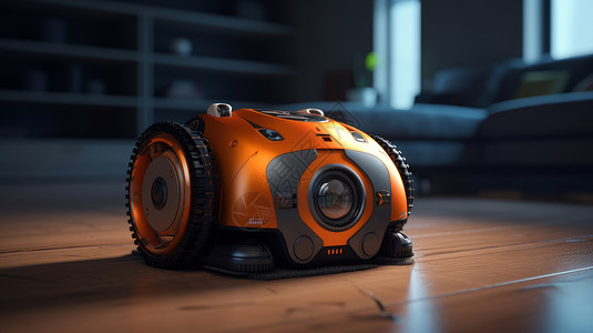 家庭机器人智能扫地机器人橙色在地板上插画