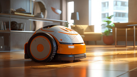 家庭智能阳光照进客厅在家里智能扫地机器人插画