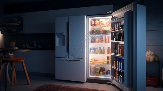 电器厨房在厨房夜晚亮着灯打开的冰箱装满食物插画