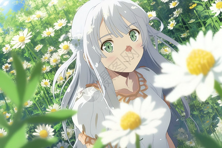 白色花丛中的白发动漫女孩背景图片