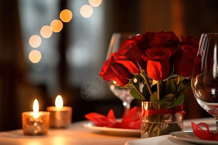 一枝红色玫瑰花晚餐蜡烛红色浪漫玫瑰花插画