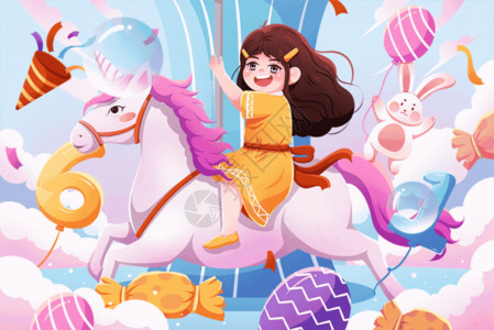 一匹马在草地上六一儿童节坐旋转木马女孩插画GIF高清图片