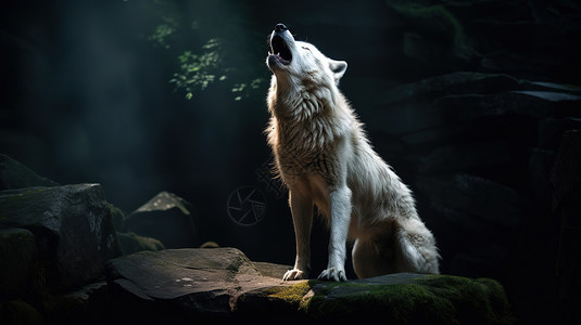 黑暗森林中的白狼野生动物高清图片素材