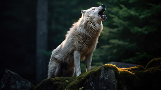 在黑暗森林中嚎叫的白狼野生动物高清图片素材