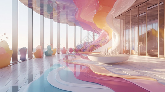 设计展览科幻超现实玻璃流动设计休闲大厅插画
