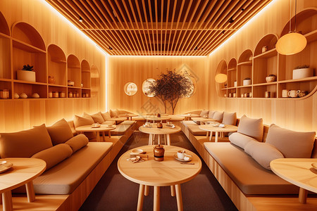 室内设计中式茶馆极简主义原木风木制小圆桌高清图片素材
