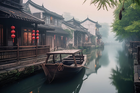 美丽烟雨蒙蒙的江南古镇小船高清图片素材