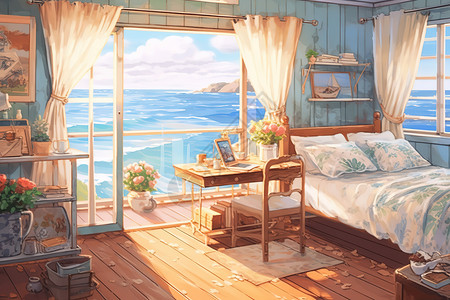 面朝大海的卧室水彩插图图片
