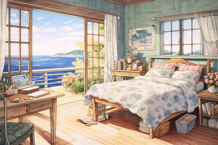 面朝大海的卧室水彩插画图片