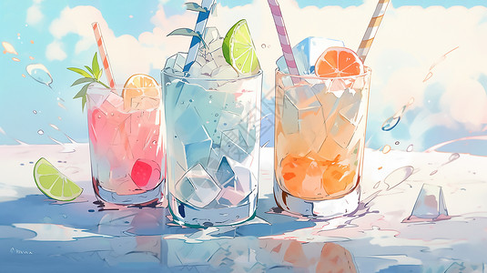 夏日鸡尾酒手绘夏日玻璃杯中放满冰块的鸡尾酒饮料插画
