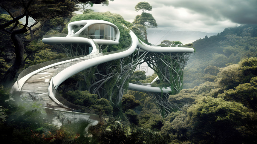 未来主义科幻风格的桥梁和塔楼螺旋形图片