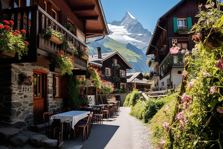 雪山下小镇旅游童话高清图片素材