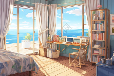 美丽阳台面朝大海的卧室插画