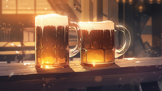 两个杯子木桌上冒着气泡和泡沫的冰镇啤酒插画
