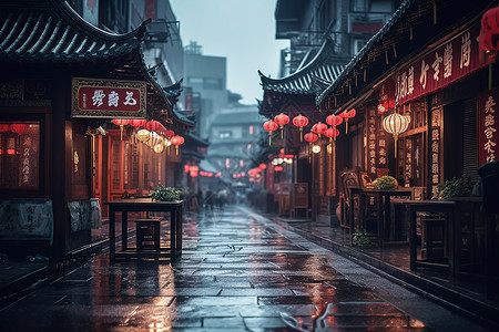 朦胧夜景雨天烟雨朦胧的古城古镇旅游景点插画