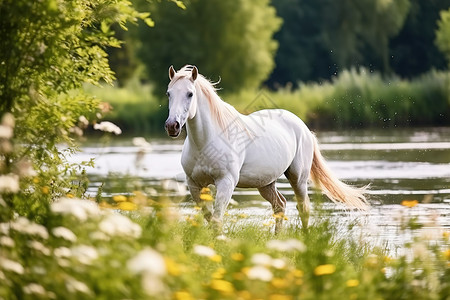一匹马在草地上白马在河边的草地上奔跑溅起水花插画