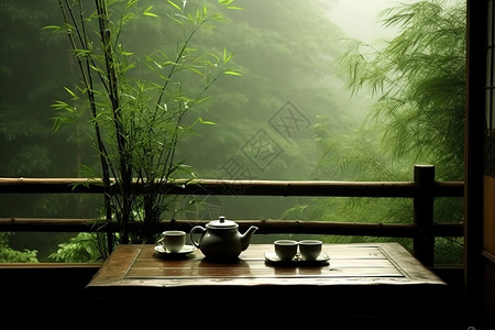 雾蒙蒙的竹林一壶清茶图片