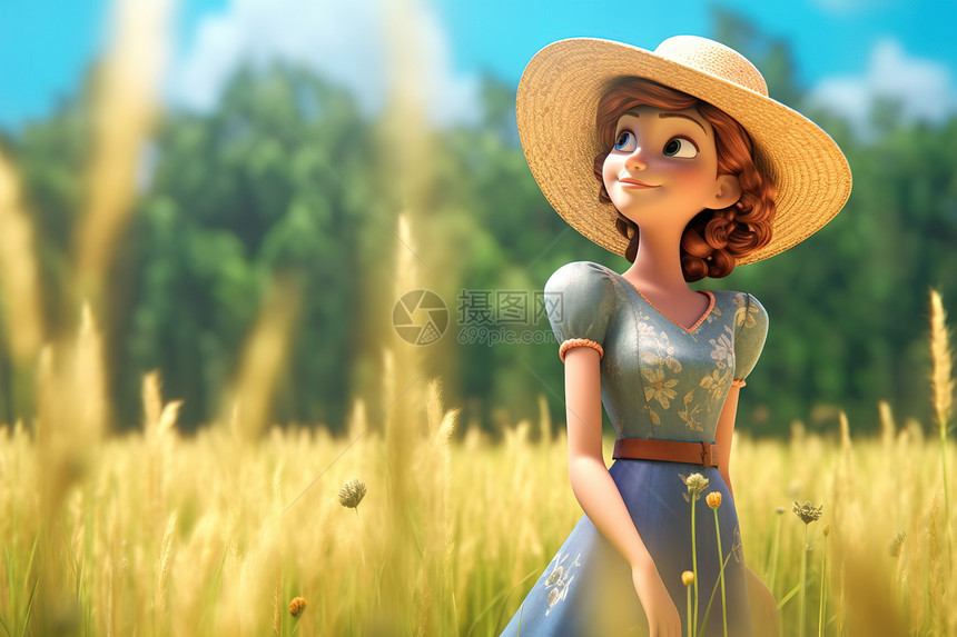 夏装戴着草帽的迷人年轻女性草地花朵图片