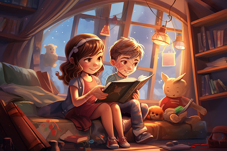 小孩在客厅男孩和女孩在客厅里读故事儿童插图插画