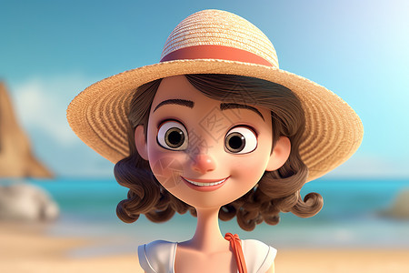 海边度假的女孩头像皮克斯风格背景图片