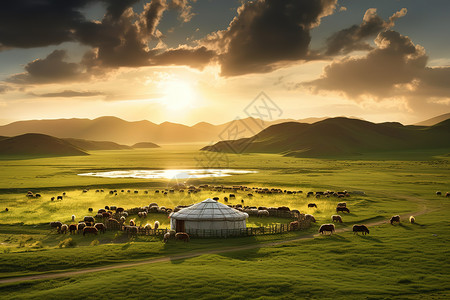 草原上绵羊们草原上蒙古包游牧插画