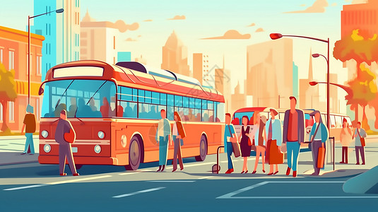 无轨电车乘客与公交汽车插图插画