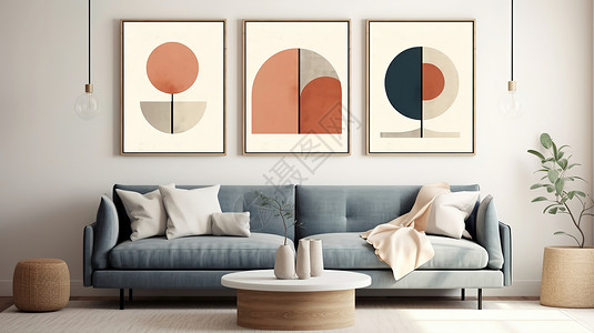 现代抽象背景墙几何装饰画的双人沙发背景墙插画