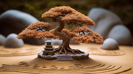 沙与树的禅宗花园沙雕插图背景图片