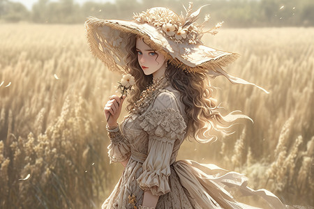 精致模特麦田里戴着草帽的美丽女人插画