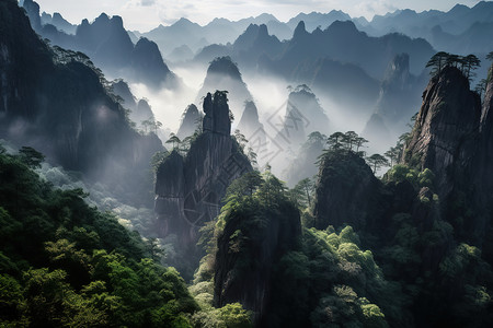 中国山水山峰云雾环绕群山雾绕瀑布图片