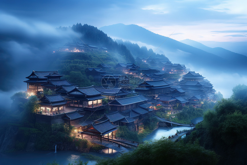 贵州遵义美丽仙境的乌江村苗寨雾