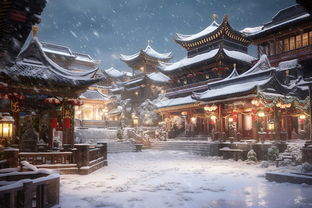 冬季大雪纷飞古镇中国古建筑背景图片