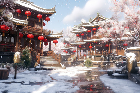 大雪纷飞古镇中国古建筑背景图片