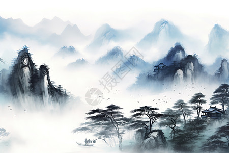 壮观景色泰山的壮丽景色中国传统水墨山水画插画