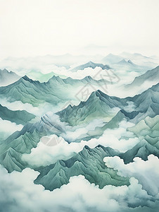 水彩画云海山峰中国风背景图片