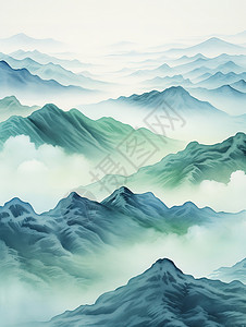 云海山峰中国风水彩画背景图片