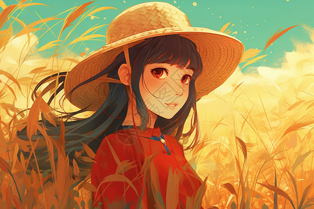 中国节气芒种女孩戴着帽子小麦图片