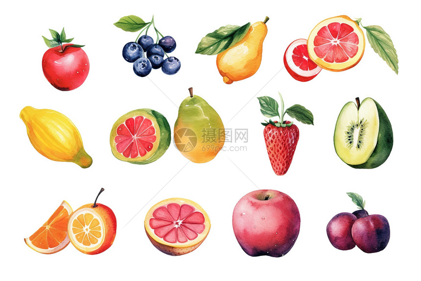 水彩画夏季水果剪贴画白色背景图片