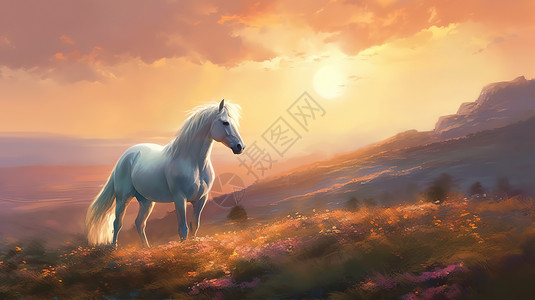 日落山顶上的美丽白马插图背景图片