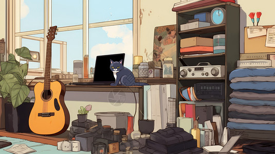 放满杂物的卡通房间里一只猫坐在窗台上背景图片