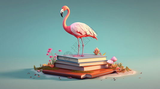 图书馆装饰书海中美丽的火烈鸟插画