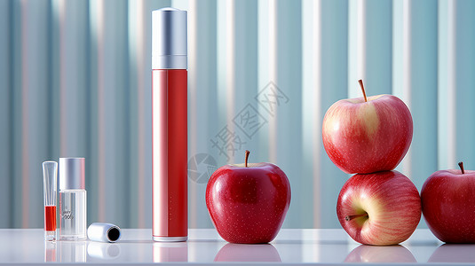时尚简洁的护肤品套装与红色苹果实拍背景图片