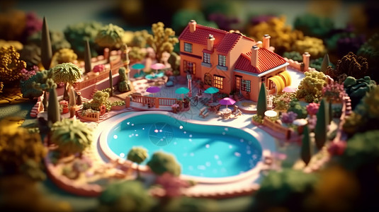 卡通粘土风砖红色小房子别墅休闲泳池图片
